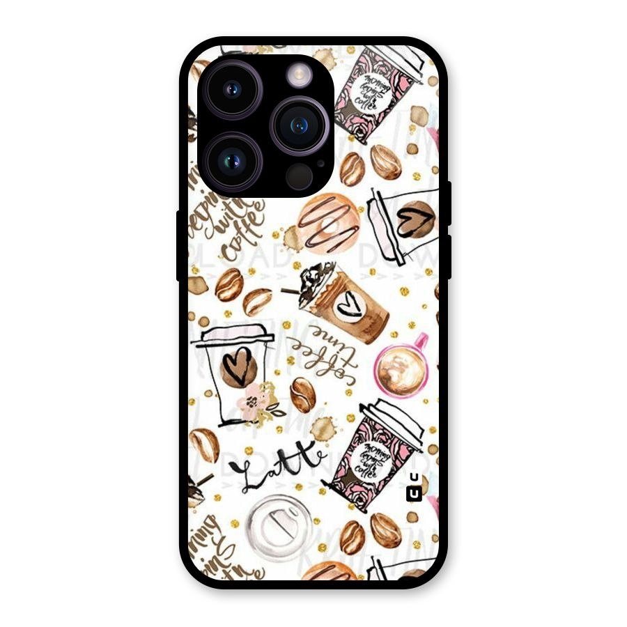 Cute Coffee Pattern Glass Back Case for iPhone 14 Pro