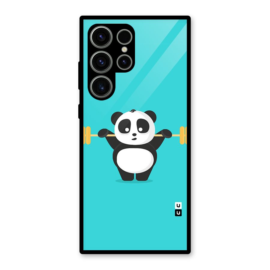 Cute Weightlifting Panda Glass Back Case for Galaxy S23 Ultra