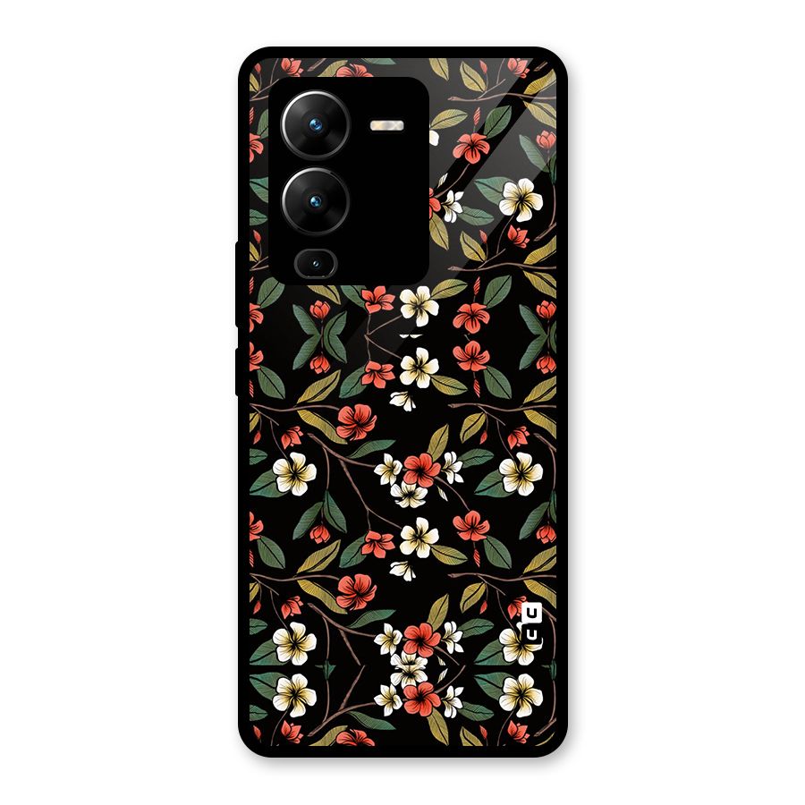 Decorative Florals Pattern Glass Back Case for Vivo V25 Pro