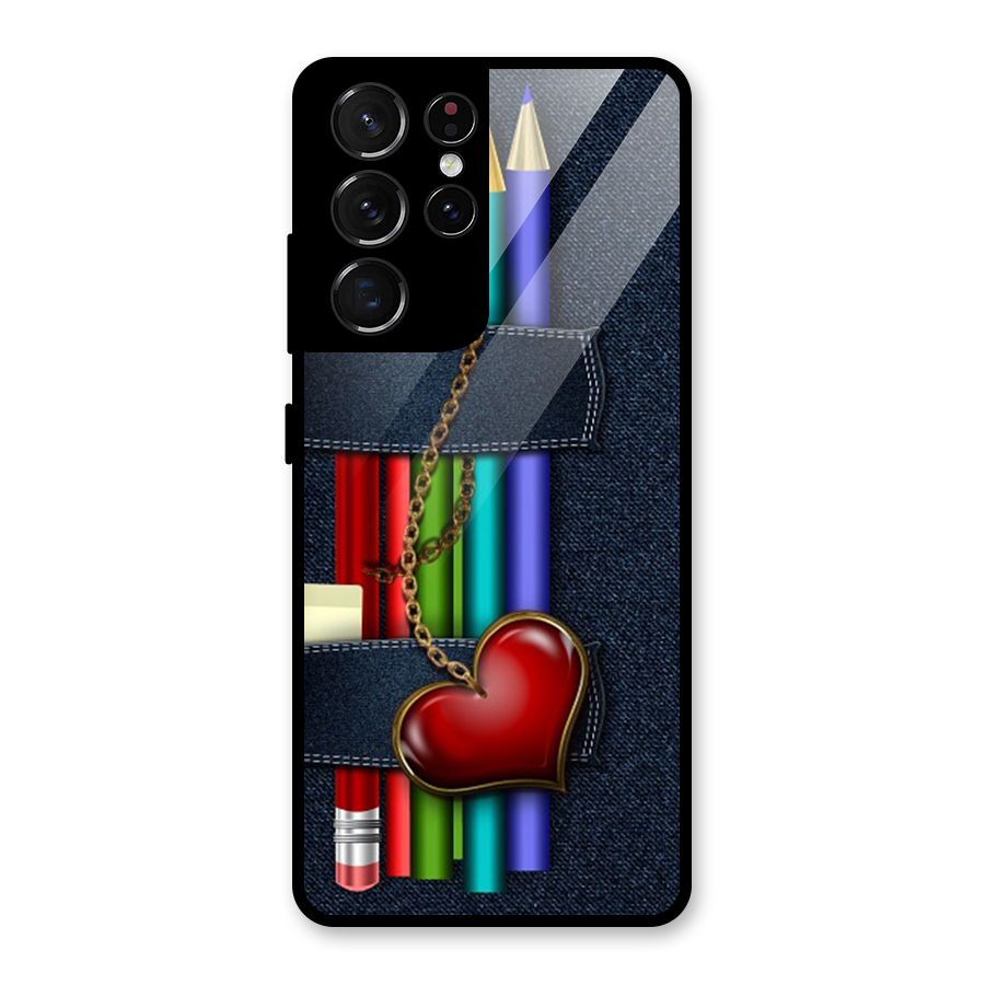 Denim Colorful Pencils Glass Back Case for Galaxy S21 Ultra 5G