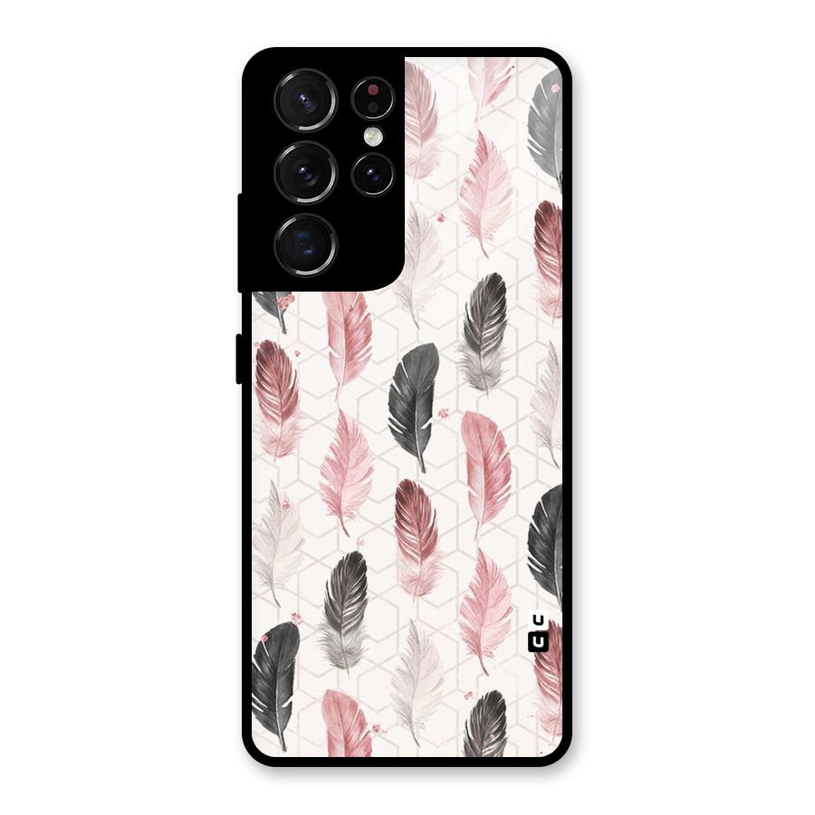 Feather Line Pattern Glass Back Case for Galaxy S21 Ultra 5G