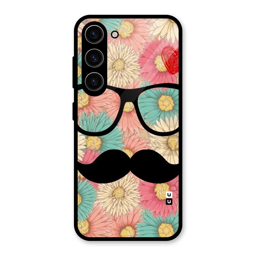 Floral Moustache Glass Back Case for Galaxy S23