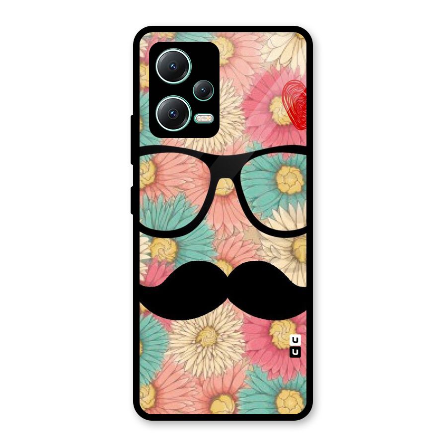 Floral Moustache Glass Back Case for Redmi Note 12 5G