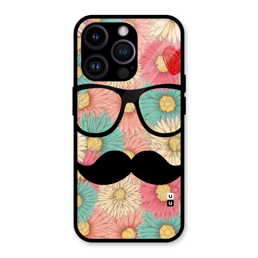 Floral Moustache Glass Back Case for iPhone 14 Pro