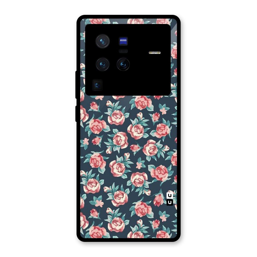 Floral Navy Bloom Glass Back Case for Vivo X80 Pro