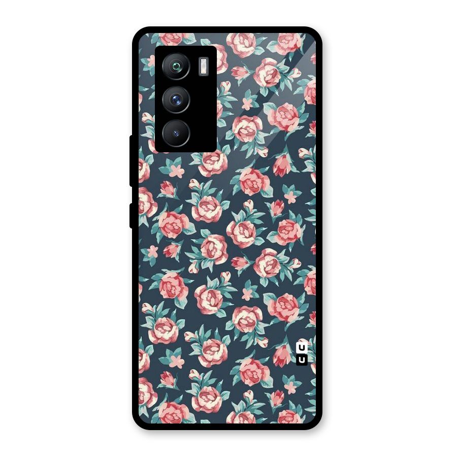 Floral Navy Bloom Glass Back Case for Vivo iQOO 9 SE