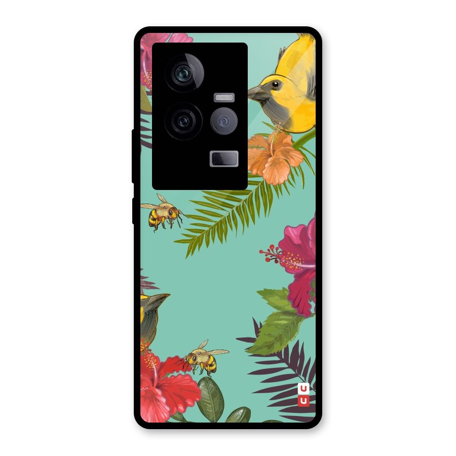 Flower Bird and Bee Glass Back Case for Vivo iQOO 11 5G