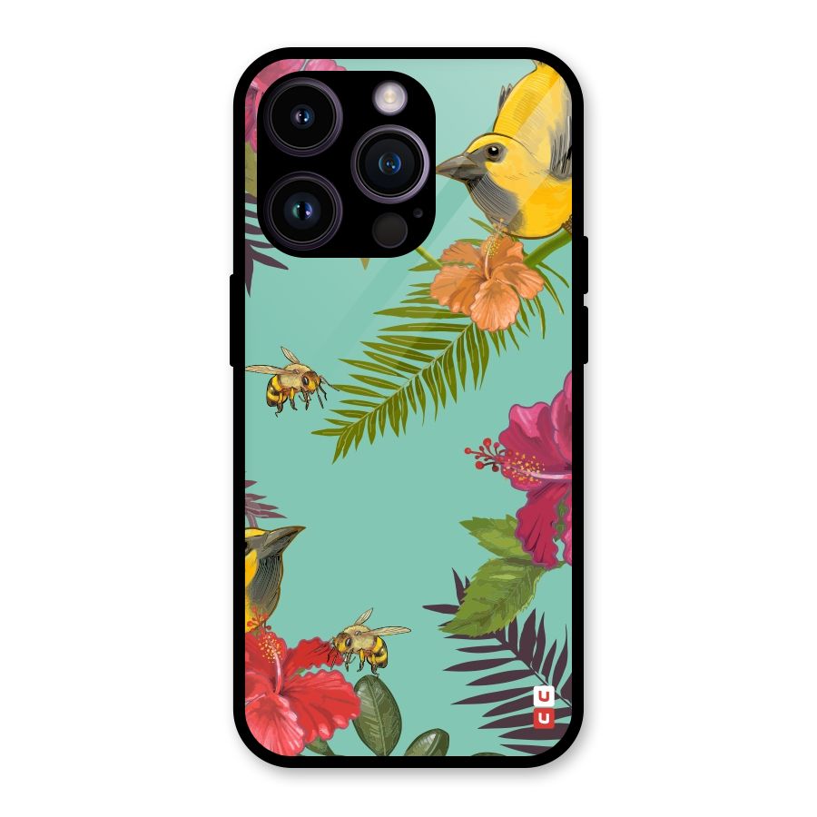 Flower Bird and Bee Glass Back Case for iPhone 14 Pro