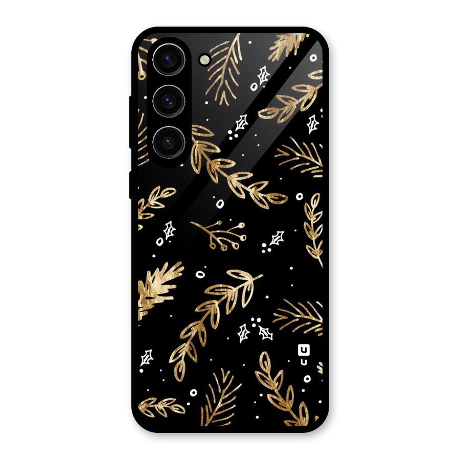Gold Palm Leaves Glass Back Case for Galaxy S23 Plus