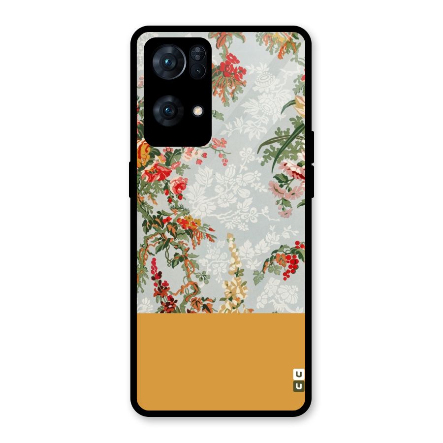 Golden Stripe on Floral Glass Back Case for Oppo Reno7 Pro 5G