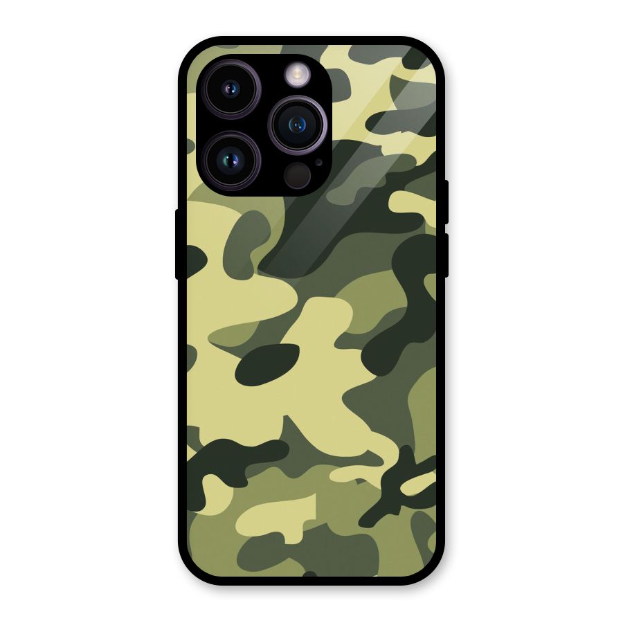 Green Military Pattern Glass Back Case for iPhone 14 Pro