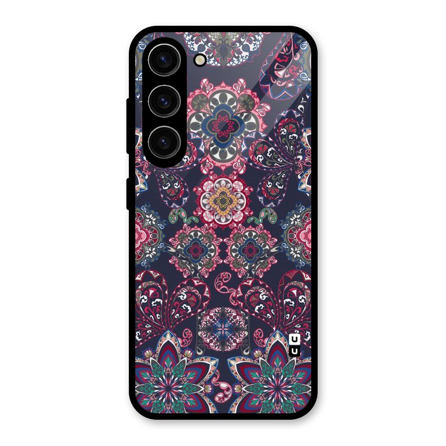 Navy Blue Bloom Pattern Glass Back Case for Galaxy S23