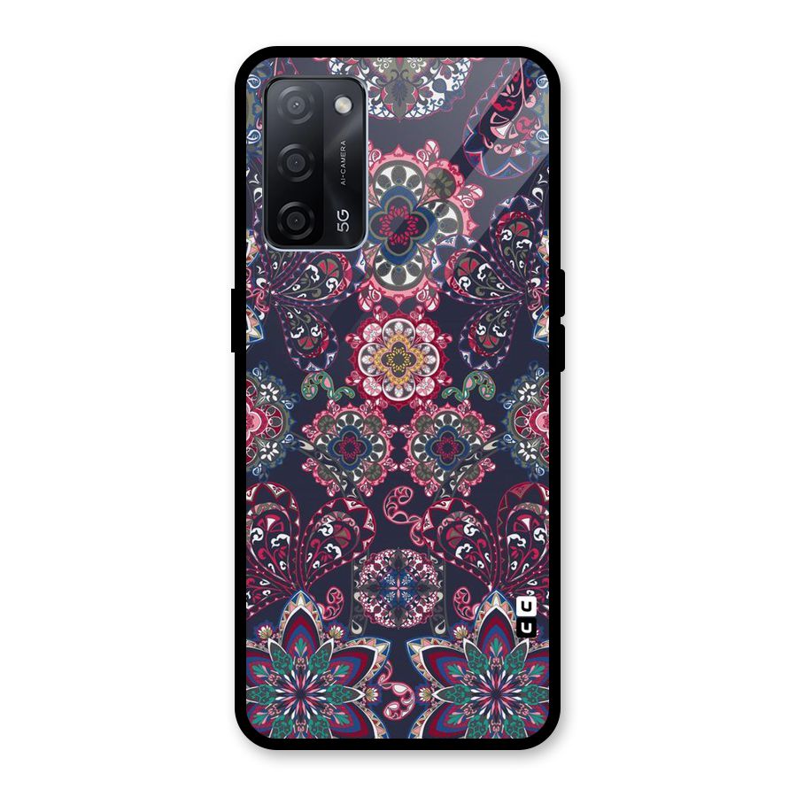 Navy Blue Bloom Pattern Glass Back Case for Oppo A53s 5G
