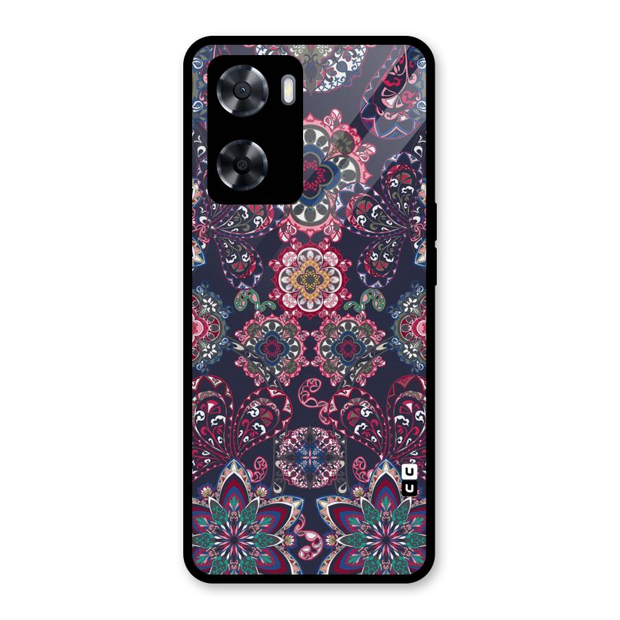 Navy Blue Bloom Pattern Glass Back Case for Oppo A57 2022