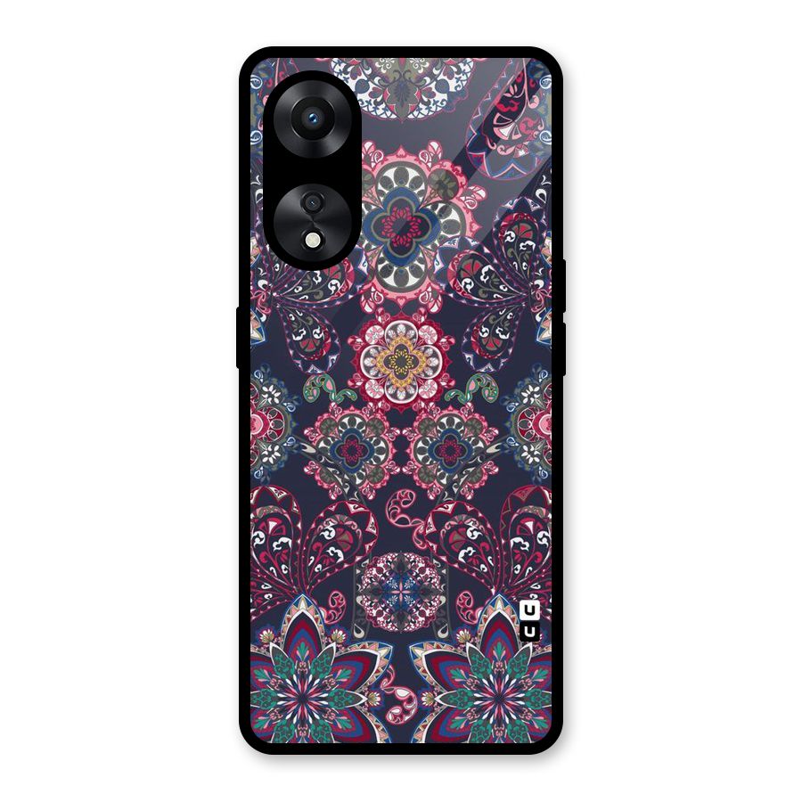 Navy Blue Bloom Pattern Glass Back Case for Oppo A78
