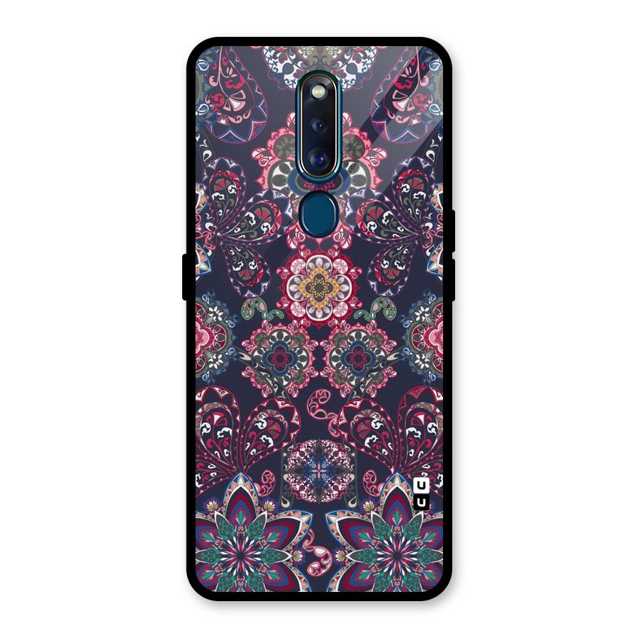 Navy Blue Bloom Pattern Glass Back Case for Oppo F11 Pro