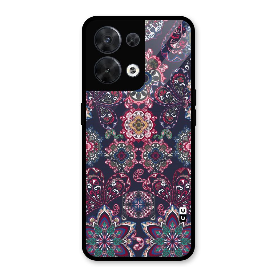 Navy Blue Bloom Pattern Glass Back Case for Oppo Reno8 5G