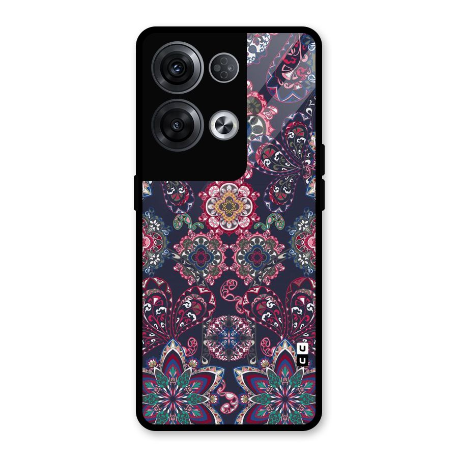 Navy Blue Bloom Pattern Glass Back Case for Oppo Reno8 Pro 5G