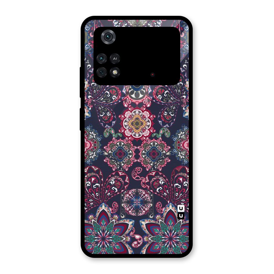 Navy Blue Bloom Pattern Glass Back Case for Poco M4 Pro 4G