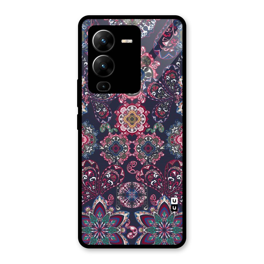 Navy Blue Bloom Pattern Glass Back Case for Vivo V25 Pro
