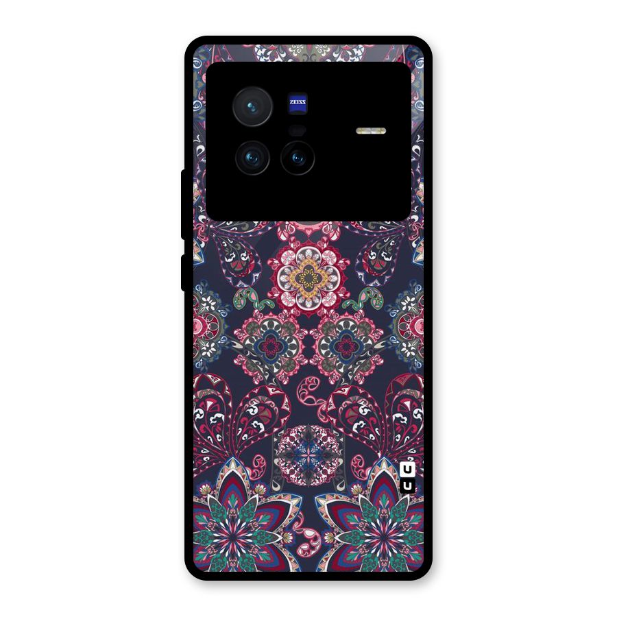 Navy Blue Bloom Pattern Glass Back Case for Vivo X80