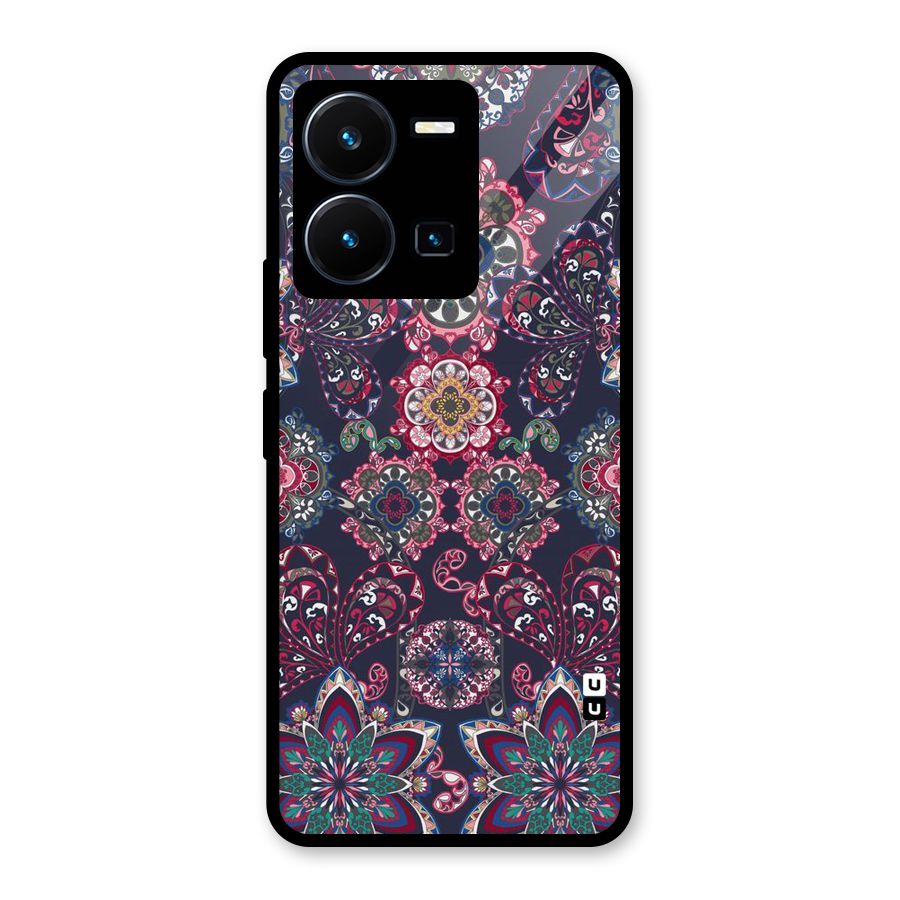 Navy Blue Bloom Pattern Glass Back Case for Vivo Y35