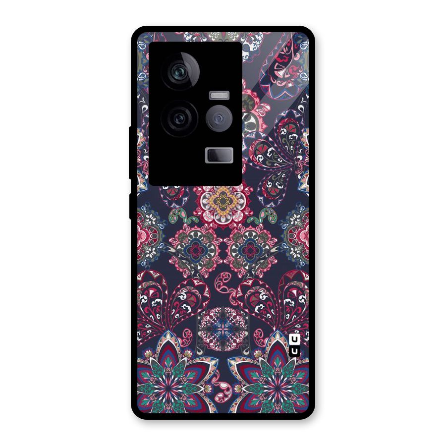 Navy Blue Bloom Pattern Glass Back Case for Vivo iQOO 11 5G