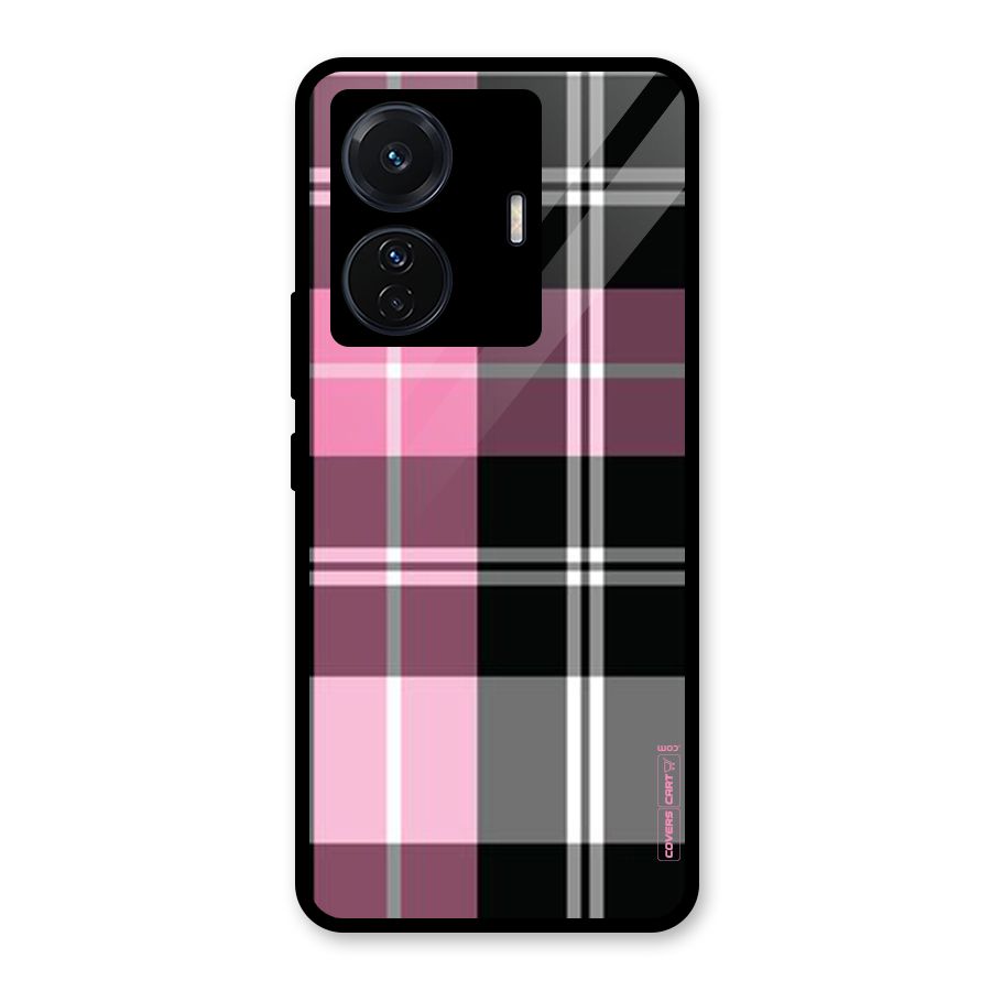Pink Black Check Glass Back Case for Vivo T1 Pro