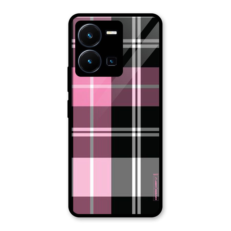 Pink Black Check Glass Back Case for Vivo Y35