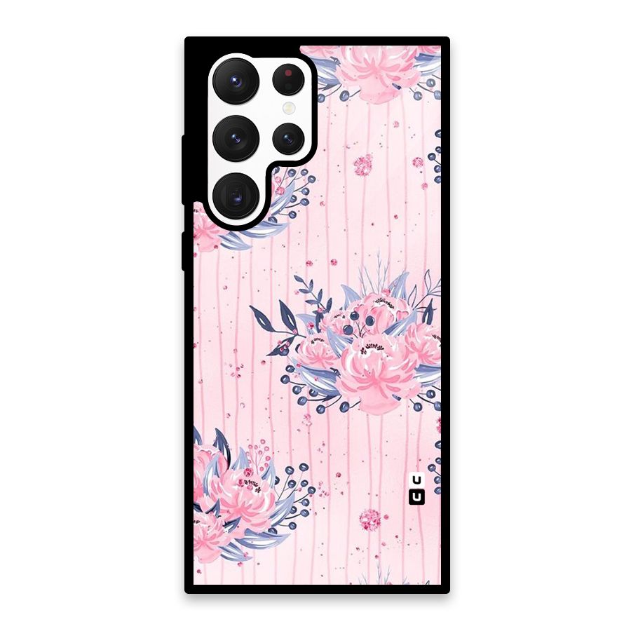 Pink Floral and Stripes Glass Back Case for Galaxy S22 Ultra 5G