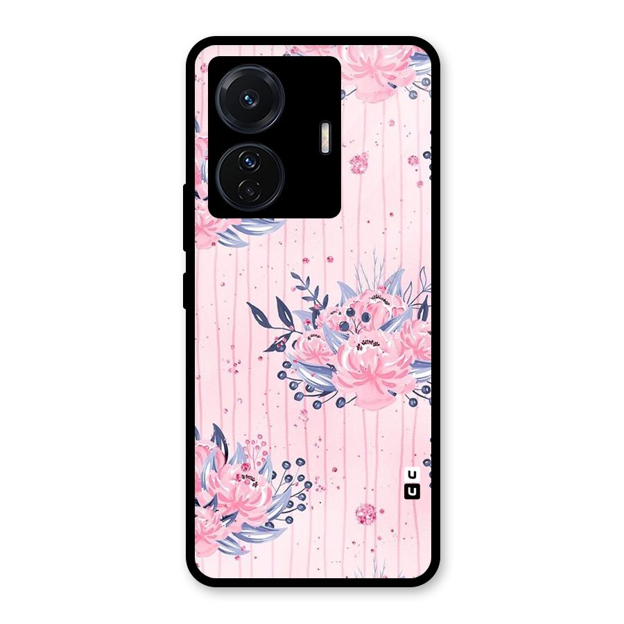 Pink Floral and Stripes Glass Back Case for Vivo T1 Pro