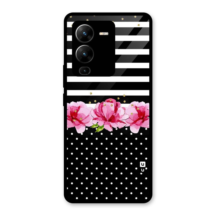 Polka Floral Stripes Glass Back Case for Vivo V25 Pro