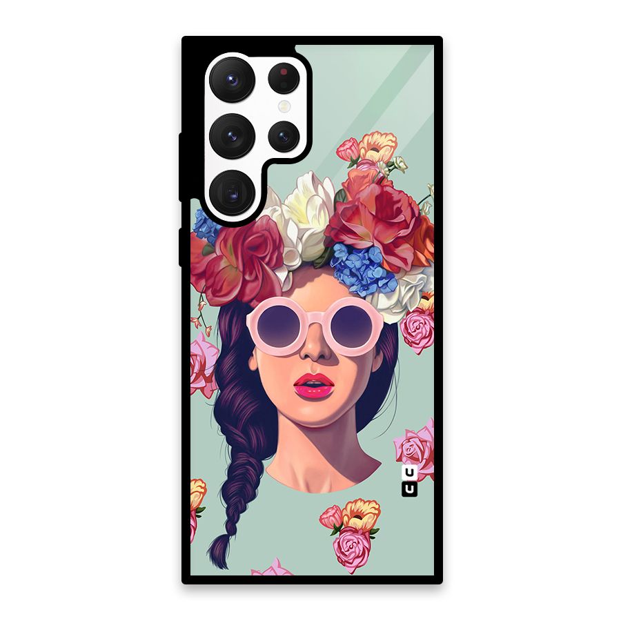Pretty Girl Florals Illustration Art Glass Back Case for Galaxy S22 Ultra 5G