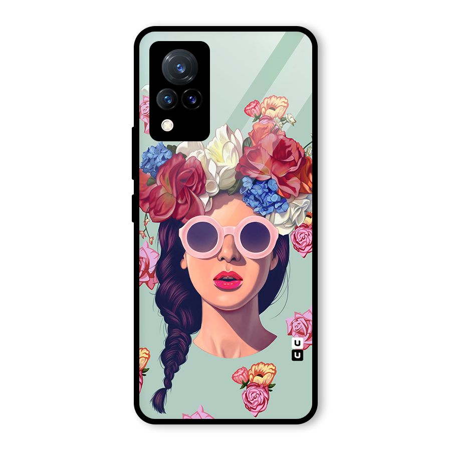 Pretty Girl Florals Illustration Art Glass Back Case for Vivo V21 5G