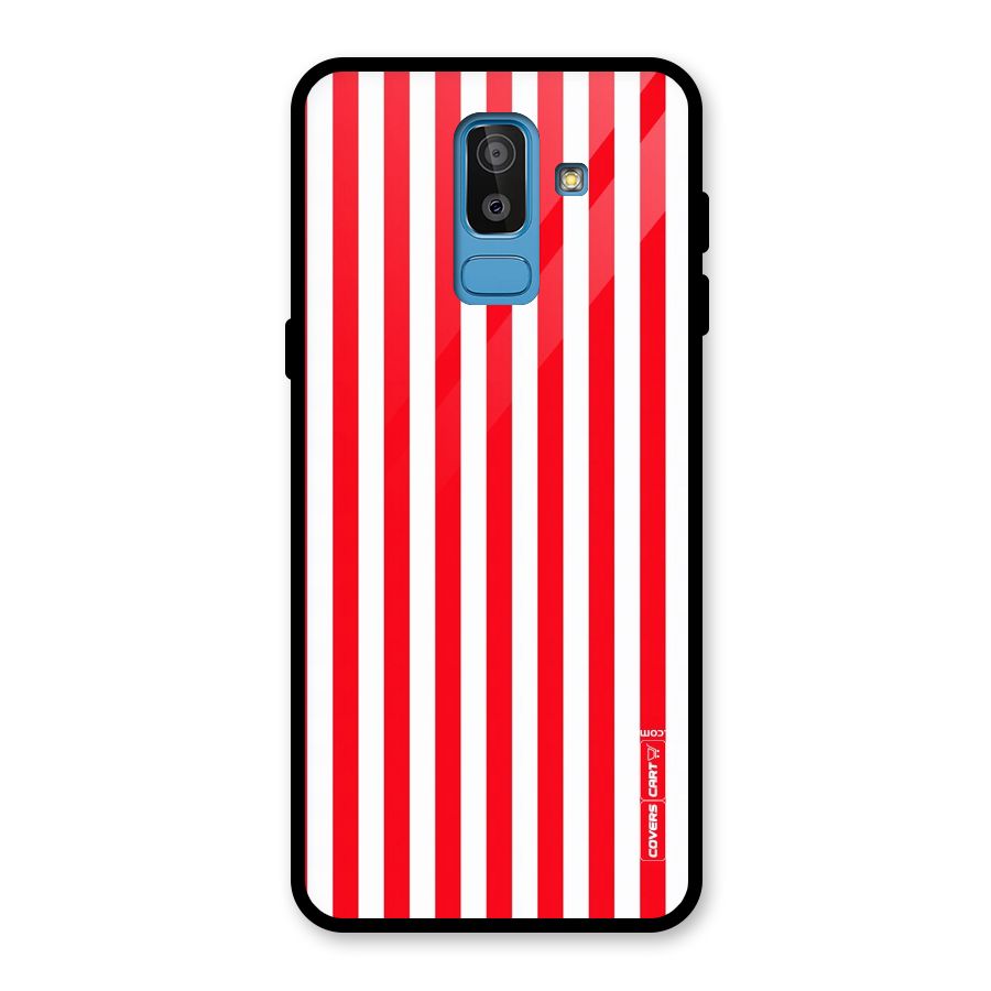 Red And White Straight Stripes Glass Back Case for Galaxy J8