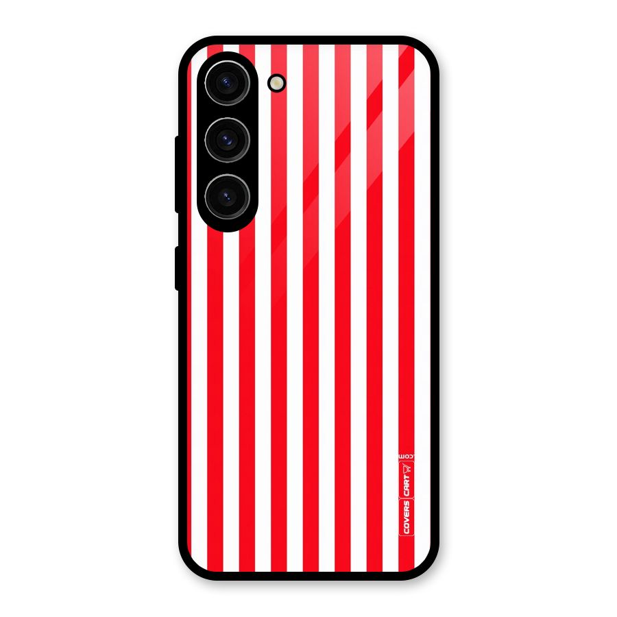 Red And White Straight Stripes Glass Back Case for Galaxy S23