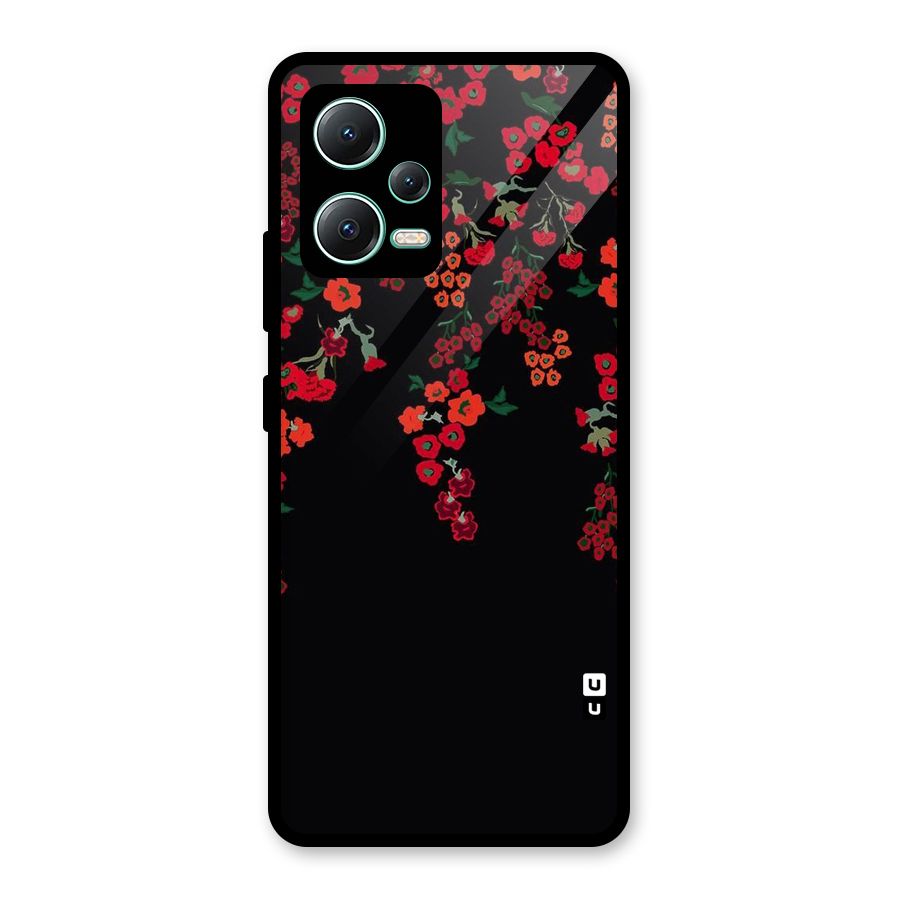 Red Floral Pattern Glass Back Case for Redmi Note 12 5G