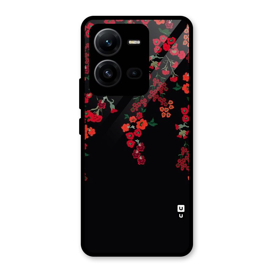 Red Floral Pattern Glass Back Case for Vivo V25