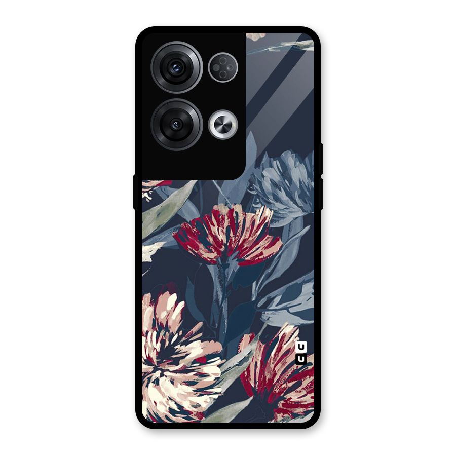 Red Rugged Floral Pattern Glass Back Case for Oppo Reno8 Pro 5G