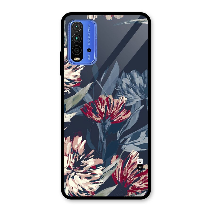 Red Rugged Floral Pattern Glass Back Case for Redmi 9 Power