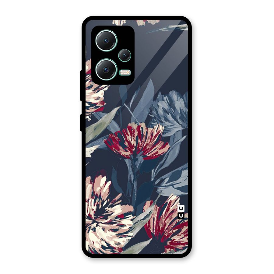 Red Rugged Floral Pattern Glass Back Case for Redmi Note 12 5G