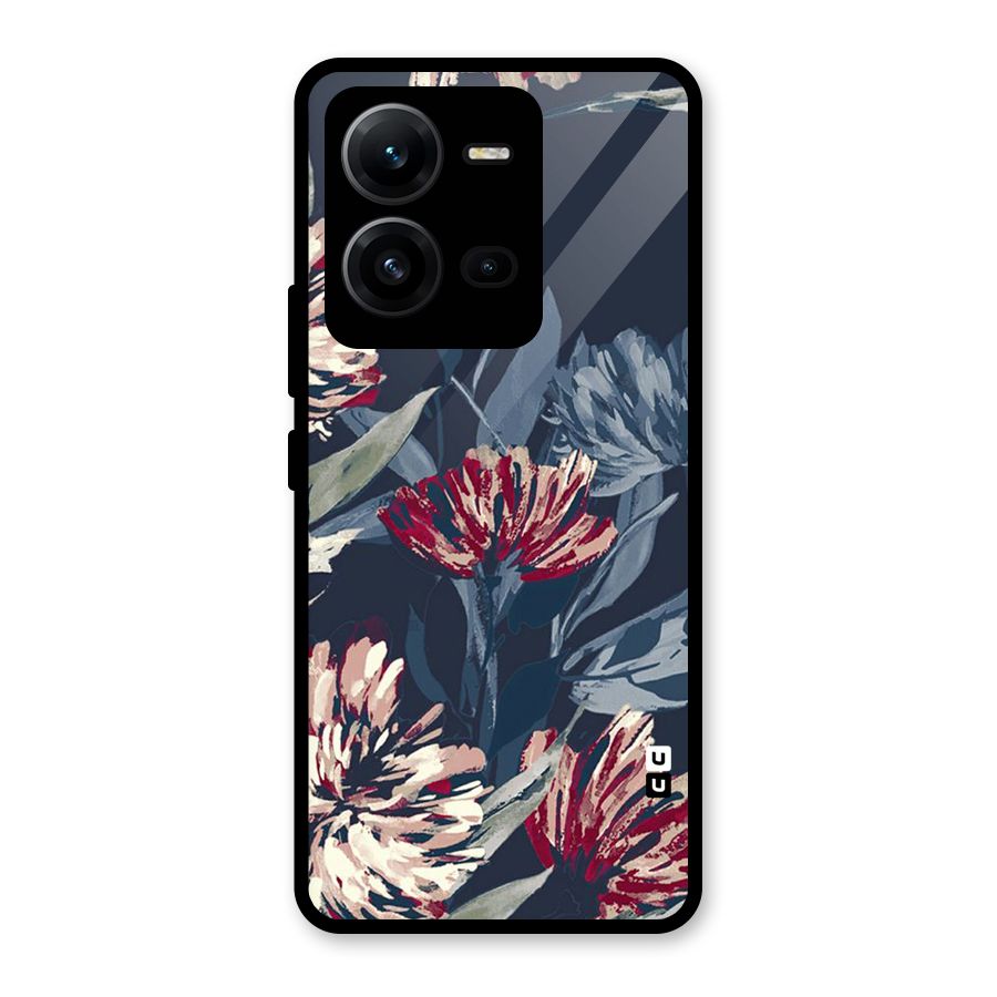 Red Rugged Floral Pattern Glass Back Case for Vivo V25