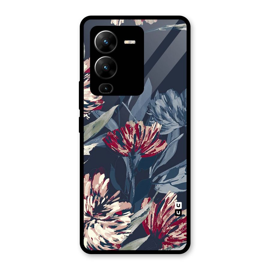 Red Rugged Floral Pattern Glass Back Case for Vivo V25 Pro
