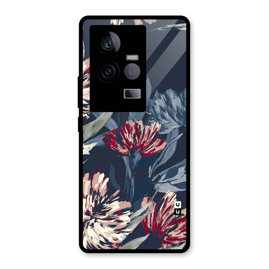 Red Rugged Floral Pattern Glass Back Case for Vivo iQOO 11 5G