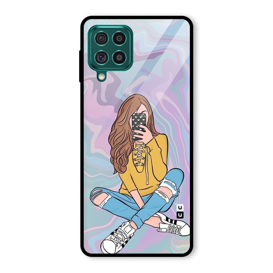 Selfie Girl Illustration Glass Back Case for Galaxy F62