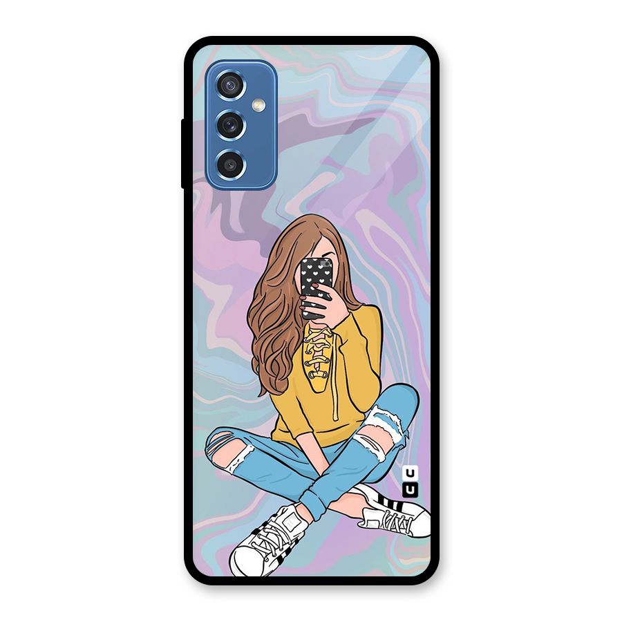 Selfie Girl Illustration Glass Back Case for Galaxy M52 5G