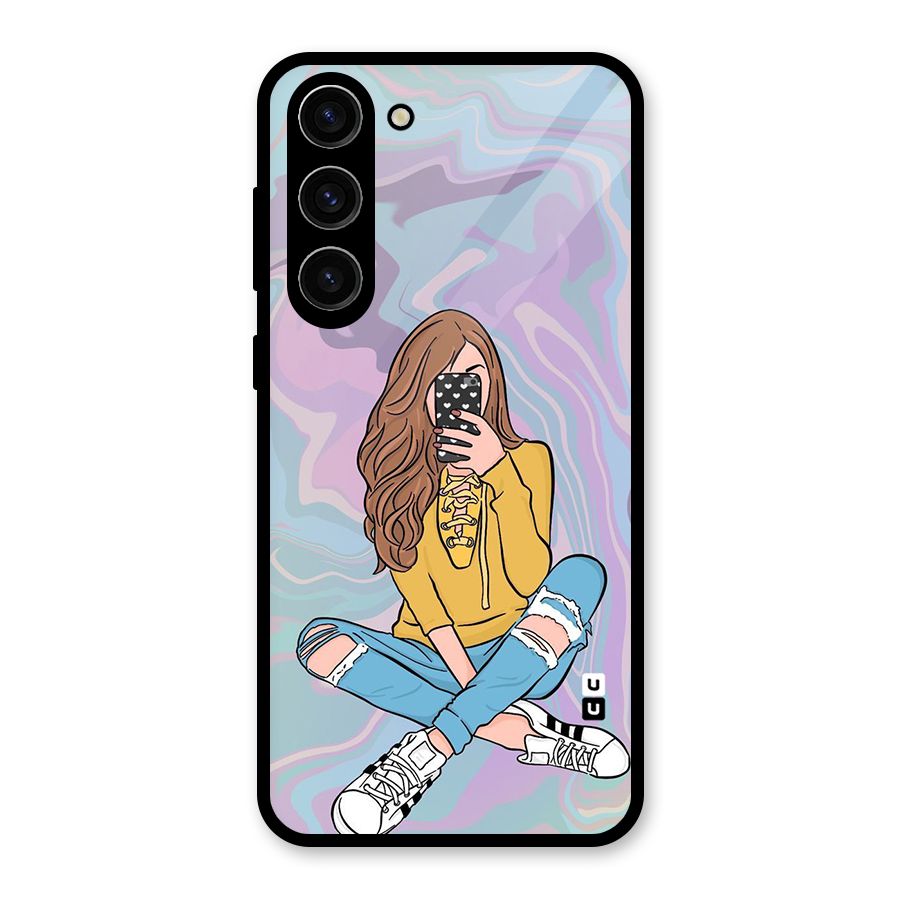 Selfie Girl Illustration Glass Back Case for Galaxy S23 Plus