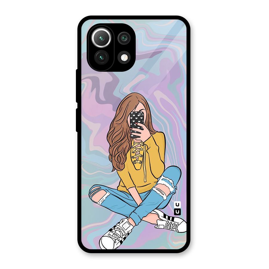 Selfie Girl Illustration Glass Back Case for Mi 11 Lite