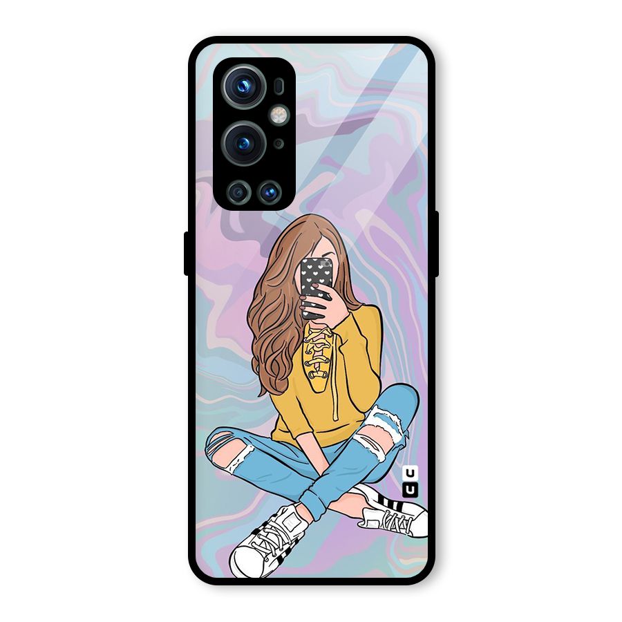 Selfie Girl Illustration Glass Back Case for OnePlus 9 Pro