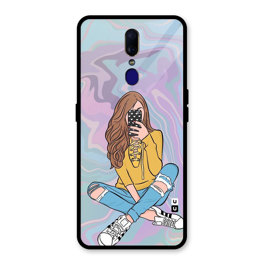 Selfie Girl Illustration Glass Back Case for Oppo F11